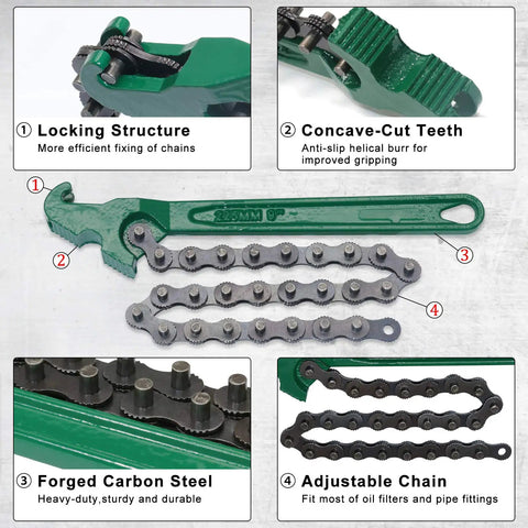 Green chain wrench with a locking structure and concave-cut teeth, featuring forged carbon steel and adjustable chain for heavy-duty use.