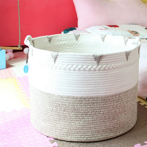 Huge Boho Blanket Basket 22 By 22 By 16 Inches Cotton Rope Storage Hamper For Throws Pillows Towels And Laundry Foldable Durable Decorative Round Organizer For Living Room Brown in a bright room.