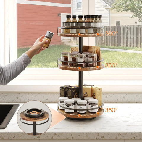 3-Tier Lazy Susan Organizer with Rotating Turntable Spice Rack on kitchen counter, rustic brown and black finish, 360 degree spin.