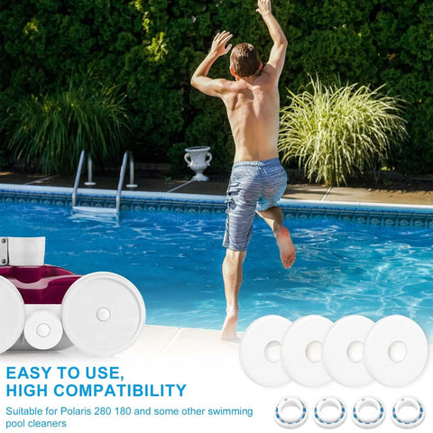 Man jumping into pool with pool cleaner rebuild kit featuring 8 wheel bearings, screws, washers for Polaris 280 and 180