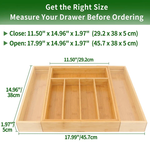 Expandable Bamboo Drawer Organizer For Kitchen Utensils Adjustable Silverware Tray With Dividers Medium Size Fits Most Drawers from 11.5 to 17.99 inches wide