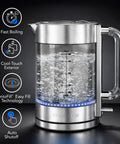 Lightning Fast 1.7L Glass Electric Kettle With Stainless Steel Base Cordless 1500W Boiler Double Wall Borosilicate Easy Fill Lid Auto Shut Off Acrylic Handle Silver