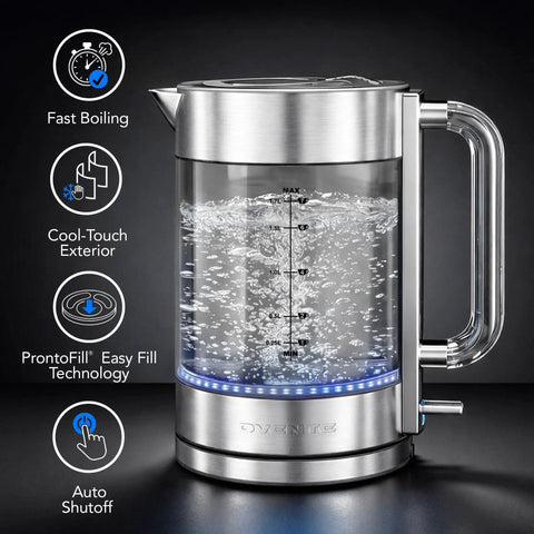 Lightning Fast 1.7L Glass Electric Kettle With Stainless Steel Base Cordless 1500W Boiler Double Wall Borosilicate Easy Fill Lid Auto Shut Off Acrylic Handle Silver