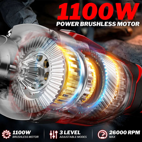 Cordless 1100W Brushless Braking Die Grinder With Three Level Variable Speed Up To 26000 RPM And One Quarter Inch Precision Chuck