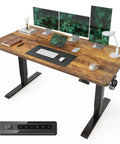 55 By 28 Inch Roomy Electric Standing Desk With A 28 Inch Deep Desktop Sit Stand Home Office Workspace Four Preset Heights Height Adjustable Frame Rustic Brown with dual monitors and accessories