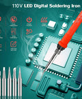 120W Digital Soldering Iron For DIYers With LED Display, iron tip on circuit board, multiple extra tips shown, perfect for repairs