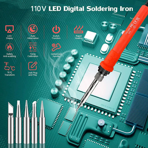 120W Digital Soldering Iron For DIYers With LED Display, iron tip on circuit board, multiple extra tips shown, perfect for repairs