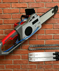 Powerful 5800W 6500W Electric Concrete Saw With Water Fed Dust Suppression And Two Diamond Chains Plus Guide Bar mounted on a wall.