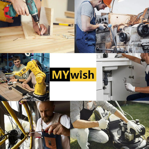 Collage of various industrial and home repair tasks with people using tools, machinery, and fixing equipment around "MYwish" logo.