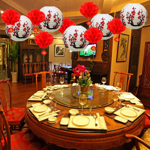 20 Piece Chinese Japanese Paper Lantern Set With 12 Inch Cherry Flower Lanterns And 7.87 Inch Red Lanterns For Hibachi Parties