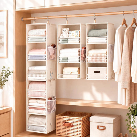 Snap Together Six Tier Hanging Closet Organizer, Collapsible Wardrobe Rack For Dorms, Beige with fabric shelves holding folded items.