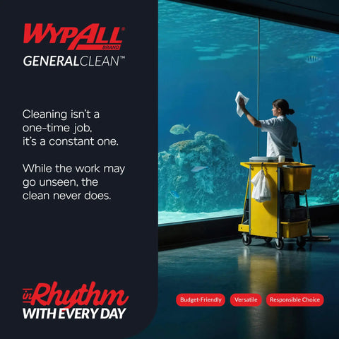 Custodian cleaning aquarium window with GeneralClean supplies in yellow cart, showcasing the constant need for cleanliness.