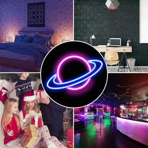 Planet Neon Sign LED Neon Light Sign for wall decor, USB powered, pink/blue glow in bedroom, bar, party settings.