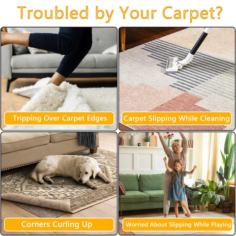 Image illustrating common rug issues solved by 12 Pack Rug Tape Grippers For Hardwood Floors Non Slip Carpet Tape For Area Rugs.