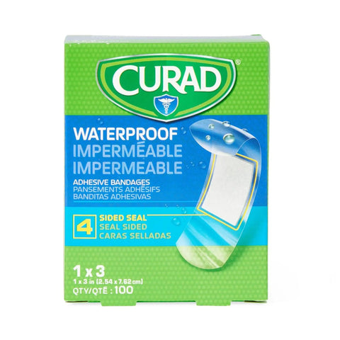 Hardcore Waterproof Adhesive Bandages Sterile Plastic First Aid Strips One By Three Inches Box Of One Hundred with four sided seal.