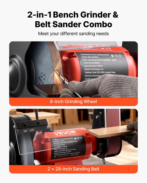 Heavy Duty Eight Inch Bench Grinder Paired With Two By Twenty Eight Belt Sander Combo with 8-inch wheel and 2x28 belt, showcasing grinding and sanding in use.