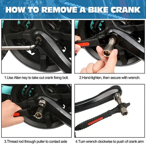 Step-by-step use of Versatile Bike Crank Puller Tool for Square Taper and Splined Cranks on bike crankset.