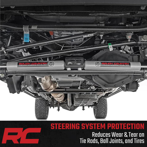 Undercarriage view of N3 Dual Steering Stabilizer for 2014 to 2024 Ram 2500 and 3500 4WD, improves control and handling.