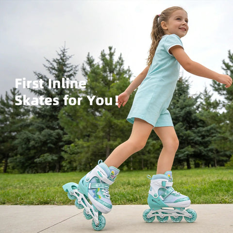 A girl skating outdoors wearing Girls Inline Skates For Kids Ages 3 To 12, 4 Size Adjustable Roller Shoes With Light Up Wheels, Beginner Youth Quad Skates, Cute Butterfly Design.