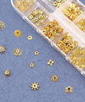 Golden Filigree Flower Bead Caps Set With 240 Pcs 12 Unique Brass Petal Ends for Jewelry in Clear Box