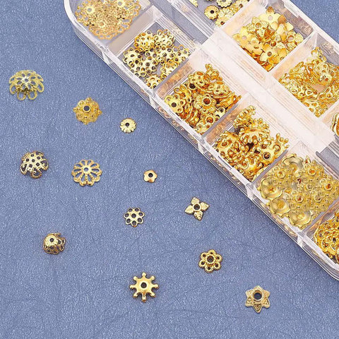 Golden Filigree Flower Bead Caps Set With 240 Pcs 12 Unique Brass Petal Ends for Jewelry in Clear Box