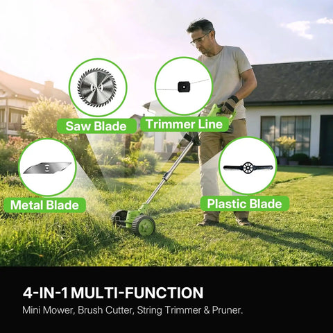 Man using Cordless Weed Eater With Wheels No Cord Hassle Free 20V 6 Inch Cutting Width Two 4 Ah Batteries Four Blade Types Four In 1 Stringless Brush Cutter For Small Yard And Garden Care Lightweight And Easy To Use For Quick Trimming on lawn