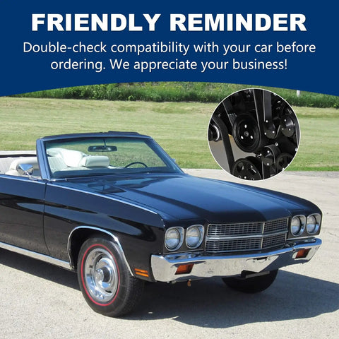 Classic black muscle car with Long Water Pump And Two Groove Crankshaft Pulley Kit For Small Block Chevy SBC 262 265 267 283 302 305 307 327 350 400 High Strength Steel Durability For Classic Muscle Cars installed in detail