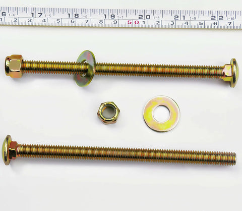 Three Eighths Inch By Six Inch Carriage Bolts With Square Neck And Nylon Lock Nuts, Large Washer Assortment Kit, Galvanized Color Coated Carbon Steel Grade 2 Fasteners, Eight Pack shown with ruler