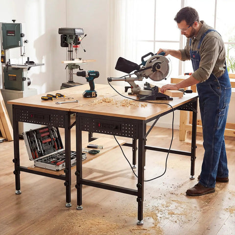Man using Beefy 48 Inch Adjustable Heavy Duty Workbench With 2000 Lbs Load Capacity, Wood Work Table With Power Strip, Pegboard And Six Hooks