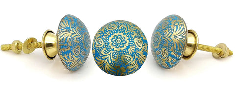 Sky Blue Brass Door Knobs Set Of 6 38mm Handcrafted Drawer Pulls And Cabinet Knobs For Cabinets Wardrobes And Kitchen Cupboards Includes Screws For Easy Install, blue brass knob set