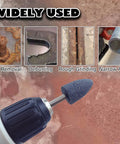 Eight Piece Cone Shape Mounted Grinding Stone Set With One Quarter Inch Hex Shank for multiple uses shown: rust removal, deburring.