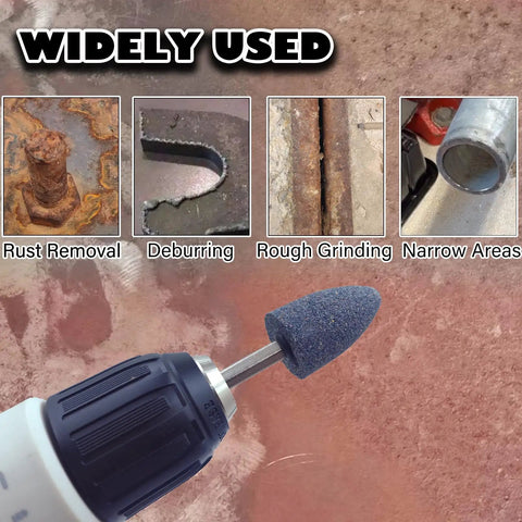 Eight Piece Cone Shape Mounted Grinding Stone Set With One Quarter Inch Hex Shank for multiple uses shown: rust removal, deburring.