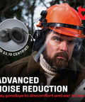 Man wearing Six-In-One Chainsaw Helmet With Face Shield And Ear Muffs For Forestry And Arborist Work, clear visor visible.