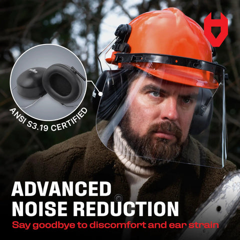 Man wearing Six-In-One Chainsaw Helmet With Face Shield And Ear Muffs For Forestry And Arborist Work, clear visor visible.
