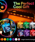 White LED Cornhole Lights For Hole And Board Complete 2 Board Kit glowing on cornhole board, colorful packaging displayed