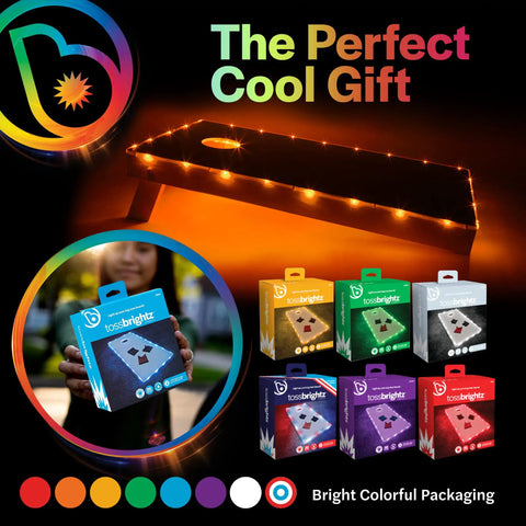 White LED Cornhole Lights For Hole And Board Complete 2 Board Kit glowing on cornhole board, colorful packaging displayed