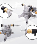 PWACCS pressure washer thermal relief valve kit, 1/4 in NPT, two-pack with brass fittings on gray pump (front/side).