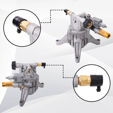 PWACCS pressure washer thermal relief valve kit, 1/4 in NPT, two-pack with brass fittings on gray pump (front/side).
