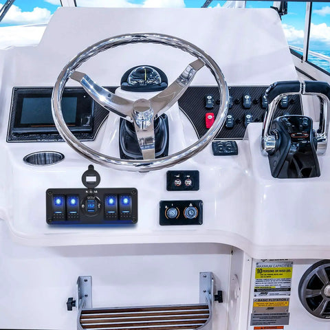 Boat dashboard with 4 Gang Rocker Switch Panel With QC3.0 Dual USB Charger Voltmeter Waterproof Night Glow Stickers 12V-24V DC