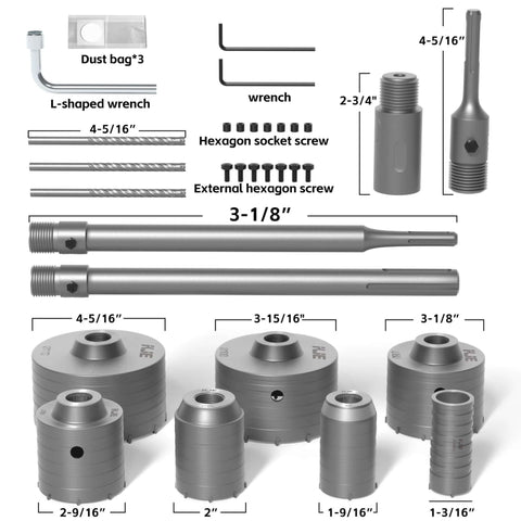 Front view of KJE 35-piece concrete hole saw kit with SDS-Plus/Max arbors and 30-110mm bits