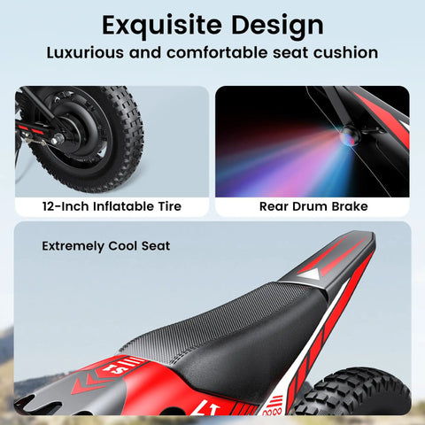 Kid Friendly Electric Balance Bike With 200W Motor Three Speed Modes Up To 10 MPH For Ages 3 To 6 12 Inch Pneumatic Tires LED Taillight Drum Brake UL 2272 Certified Black, 12-inch tire and seat detail