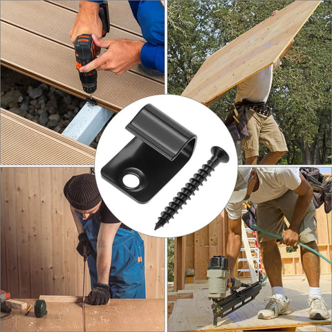 Pro Grade 304 Stainless Steel Deck Starter Clip System Featuring 50 Durable Hidden Fasteners Plus 52 All Weather Decking Screws shown in use with tools.