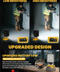 Beast Cordless LED Work Light With 112W 11200LM Output showing low and high brightness in a garage setup.