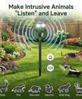 Solar Motion Sensor Ultrasonic Deer Repellent 2 Pack With LED Lights Waterproof Outdoor Wildlife Deterrent For Deer Coyotes Raccoons And Dogs 2026 Upgrade Easy Setup And Humane Yard Protection black stake unit in a garden