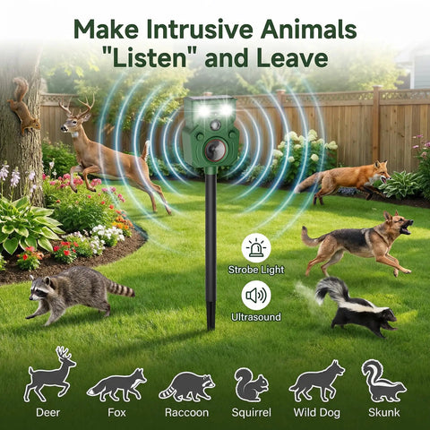 Solar Motion Sensor Ultrasonic Deer Repellent 2 Pack With LED Lights Waterproof Outdoor Wildlife Deterrent For Deer Coyotes Raccoons And Dogs 2026 Upgrade Easy Setup And Humane Yard Protection black stake unit in a garden