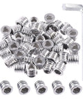 50 Pcs 5/16-18 x 15mm Carbon Steel Threaded Wood Inserts Assortment Kit with hex drive tool, front view.