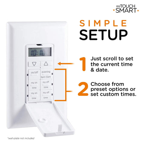 In-Wall Digital Timer With Push Door Switch Four Programmable On Off Buttons 24 Hour Daily Cycles Blue LED Indicators