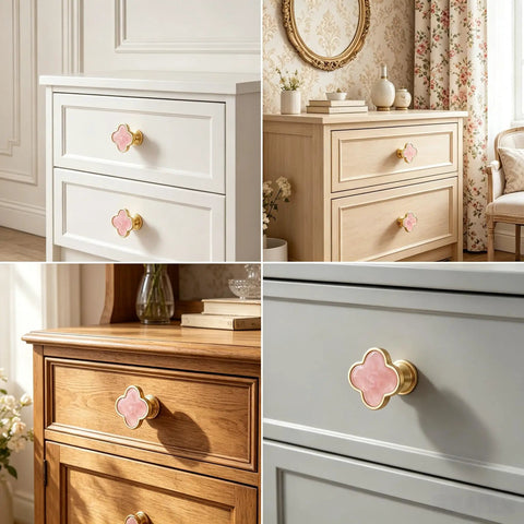 Pink Cabinet Knobs 6 Pack Zinc Alloy Single Hole Drawer Pulls With Decorative 3 Leaf Style on Various Dressers