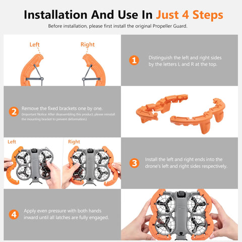 Installation guide for Orange EVA Propeller Guard For DJI Neo 2 Drone with step-by-step assembly instructions.