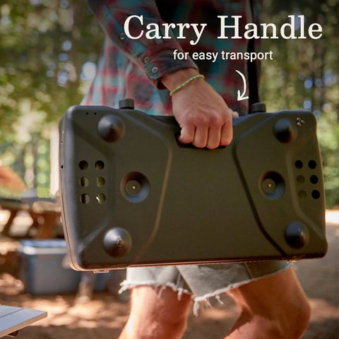 Person holding Triton Two Burner Propane Camp Stove With Wind Guards Portable Outdoor Cooktop, showcasing easy transport.